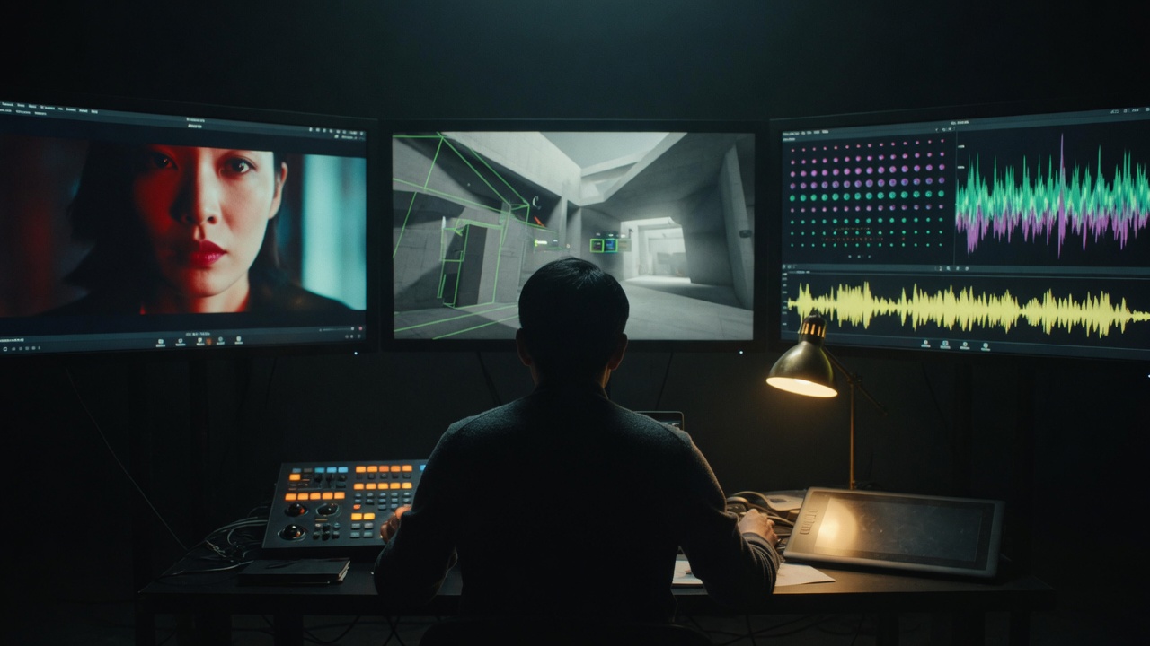 Cinematic still of a lone editor at a finishing suite, three glowing monitors showing character, 3D, and color scope: one person running the entire creative-tech pipeline.