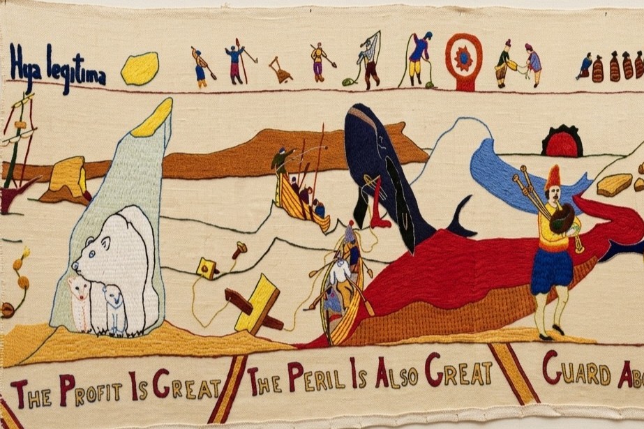 Hand-stitched French Shore tapestry detail from Conche, used as the visual seed for the AI spot's historical textures, figures, and color palette